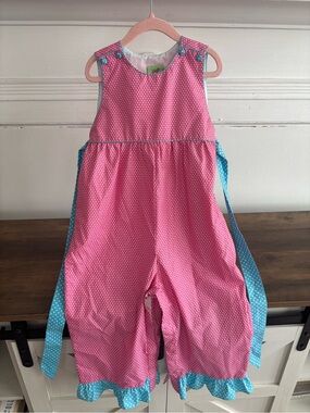 Pink Polka Dot Girls Romper with Blue Polka Dot Accents